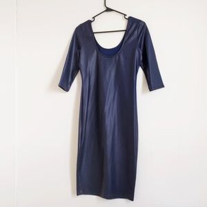 Faux Leather Navy Blue 3/4 Sleeve Bodycon Dress